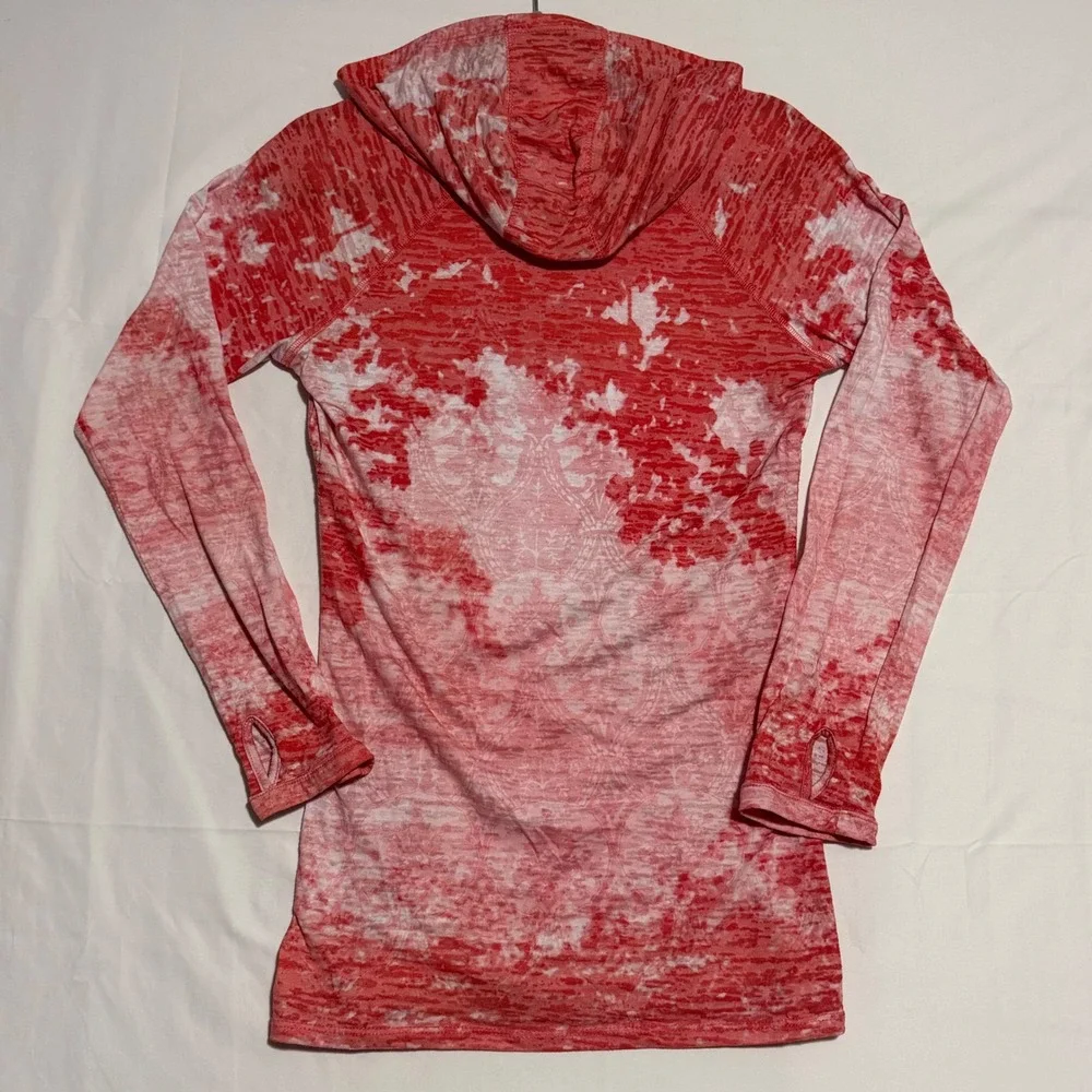 Kuhl Womens Red White Burnout Damask Hoodie V-Neck Thumbholes Made in USA Medium